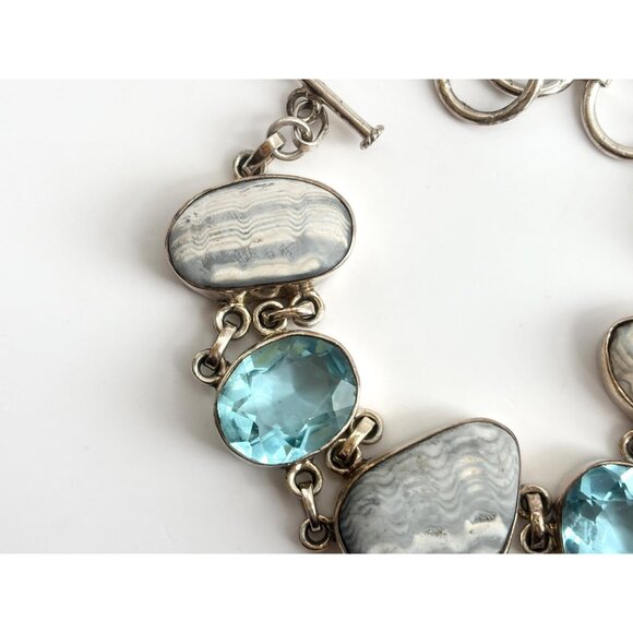 Blue Gemstone & Jasper Chainlink Silver Toned Chunky Vintage Tennis Bracelet - Picture 7 of 14